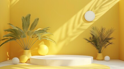 Poster - 3d rendering of a bright yellow room with a white podium in the center.