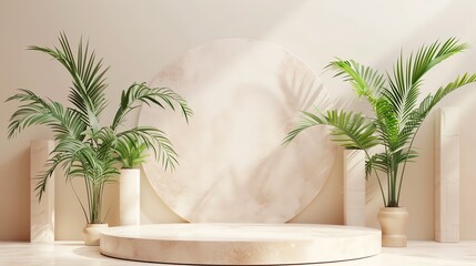 Fototapete - 3D rendering of a product display platform with a beige marble podium and tropical plants on each side.