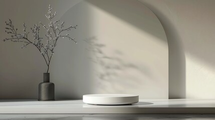 Poster - A simple and elegant product display scene. A white podium sits on a white surface, with a gray vase and decorative plants to the left.