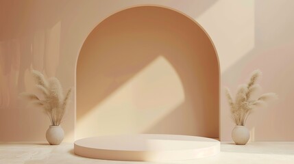 Fototapete - 3D rendering of a podium with a beige background. There is a beige vase with beige pampas grass on each side of the podium. The floor is beige wood.