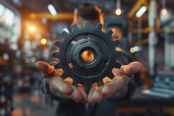 Wall Mural - A Close-Up of a Worker Holding a Gear in a Workshop Setting