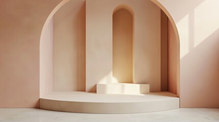 Poster - this is a 3d rendering of a simple and elegant room with a podium in the center.
