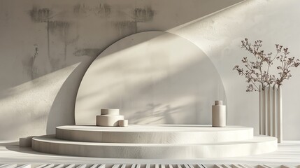 Fototapete - 3D rendering of a podium with a large round backdrop. The podium is made of wood and has a light wood grain texture.