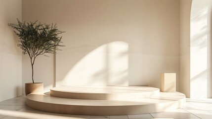 Fototapete - 3D rendering of a simple and elegant room with a podium in the center. The room is lit by a soft, natural light.