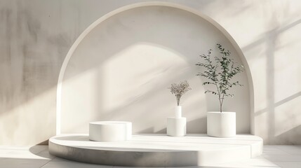 Fototapete - 3D rendering of a product display. There are three white pedestals on a white platform. There is a white arch in the background.