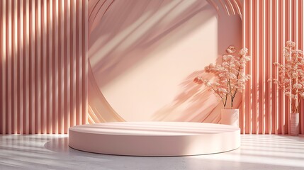 Fototapete - 3D rendering of a pink podium with a pink background. There are some flowers on the right side of the podium.