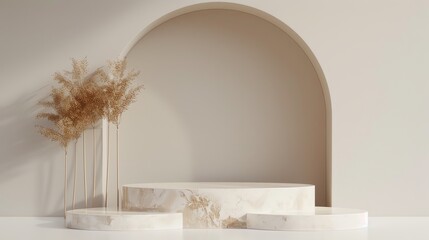 Fototapete - 3D rendering of a beige marble podium with a golden wheat field. The podium is perfect for displaying products or for creating a luxurious look.