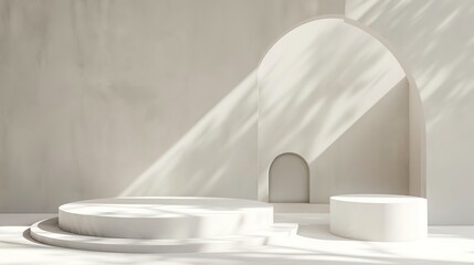 Fototapete - 3D rendering of a product display. Two podiums of different heights are placed in front of a wall with an arched opening.