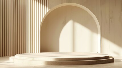 Fototapete - 3D rendering of a simple and elegant podium. The podium is made of wood and has a light wood grain texture.