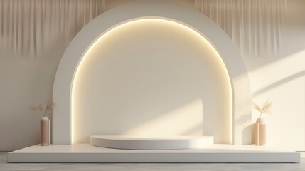 Fototapete - 3D rendering of a simple and elegant stage with a round podium and a large curved backdrop. The materials are white and the lighting is soft and even.