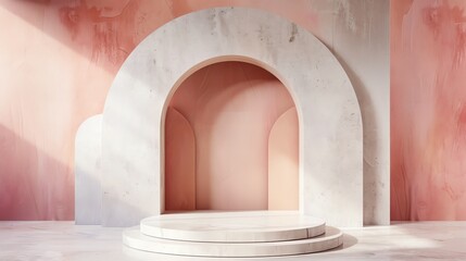 Poster - 3d rendering of a podium with a curved wall in the background. the podium and the wall are made of t