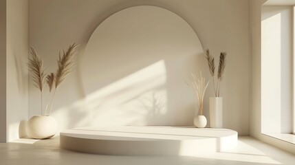 Fototapete - 3D rendering of a simple and elegant room with a podium in the center.