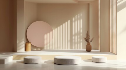 Poster - 3d rendering of a room with a large round window, a vase with a plant in it, and threeå¢©å°s in the