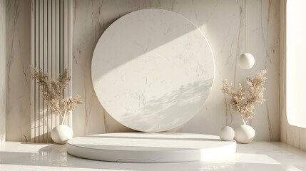 Poster - 3d rendering of a minimalist scene with a podium and plants. the podium is made of white marble and 