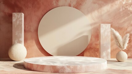 Fototapete - 3D rendering of a product display. A podium made of marble with a round beige background.