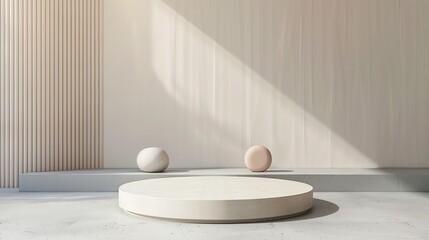Fototapete - 3D rendering of a simple and elegant podium with a textured background. The podium is made of a light-colored wood and has a smooth, curved shape.