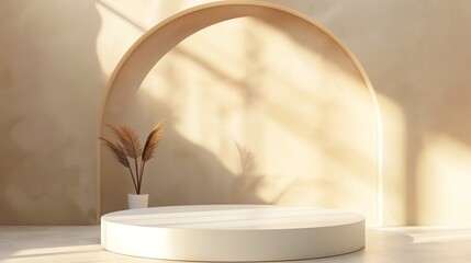 Poster - 3D rendering of a product display platform with a curved wall and a podium in the center.