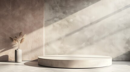Poster - 3d rendering of a minimalist scene with a podium and a vase with a plant. the podium is made of whit