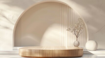 Poster - 3d rendering of a podium with a natural wooden texture in a beige background.