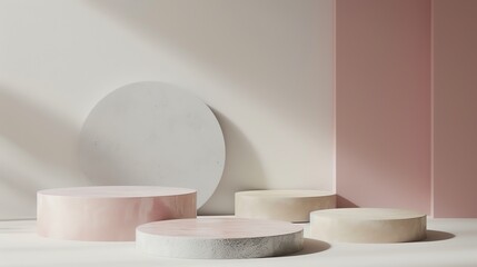 Fototapete - 3D rendering of a product display. There are four podiums of different heights and colors against a beige background.