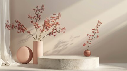 Poster - 3d rendering of a podium with a pink vase and a plant on it. there is a pink sphere next to the vase