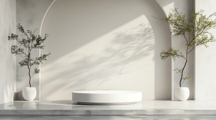 Fototapete - 3D rendering of a product display platform with a curved wall and arched openings on each side.