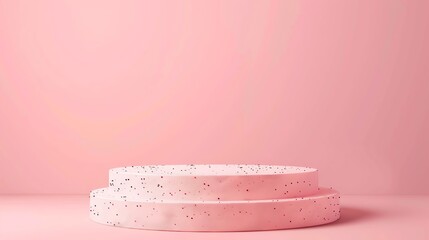 Poster - This is a 3D rendering of a pink podium with black and red speckles against a pink background.