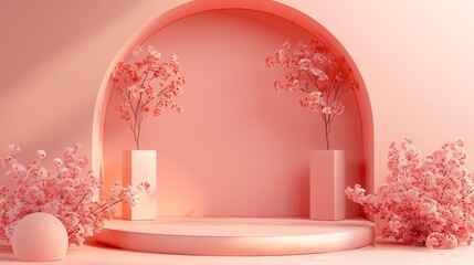 Poster - 3D rendering of a pink podium with a pink background. There are two pink trees with pink flowers on each side of the podium.