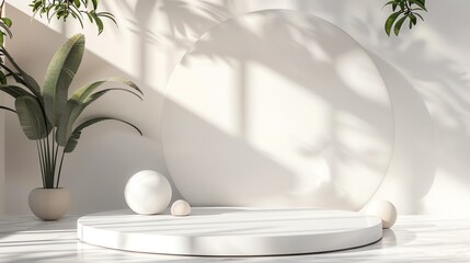 Poster - 3d rendering of a product display platform with a large round backdrop and podium.