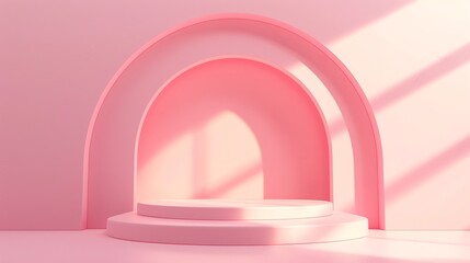 Fototapete - This is a 3D rendering of a pink podium with a pink background. The podium is made up of two cylinders, one slightly smaller than the other.
