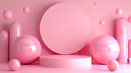 Fototapete - This is a 3D rendering of a pink podium with pink balls and other shapes.
