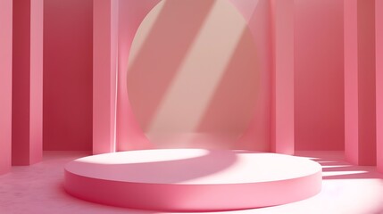 Poster - This is a 3D rendering of a pink podium with a pink background. The podium is lit by a soft light from above. The podium is surrounded by pink walls.