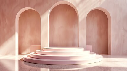 Fototapete - 3D rendering of a pink podium with a golden border in front of three arched openings. The podium is made of three steps and has a cylindrical shape.
