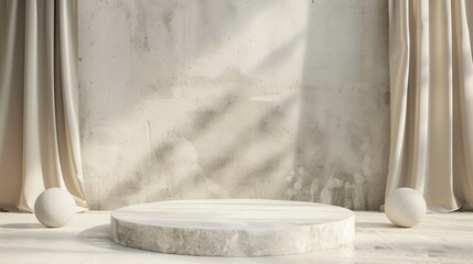 Poster - luxury podium with beige curtains. 3d rendering.