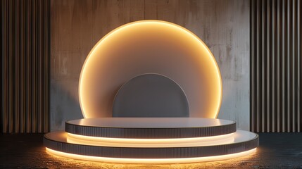 Fototapete - 3D rendering of a podium with a glowing ring light. The podium is made of gray concrete and has a ribbed design.