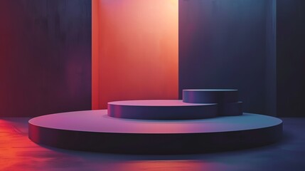 Fototapete - 3D rendering of a stage with a podium in the center. The podium is lit by a spotlight from above. The background is a dark blue color.