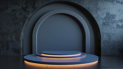 Fototapete - 3D rendering of a dark blue podium with a golden outline. The podium is in a dark room with a concrete wall. The podium is lit by a spotlight.
