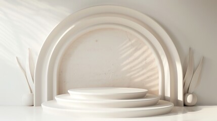 Fototapete - 3D rendering of a podium with a curved backdrop. The podium is made of three steps and has a smooth, matte surface.