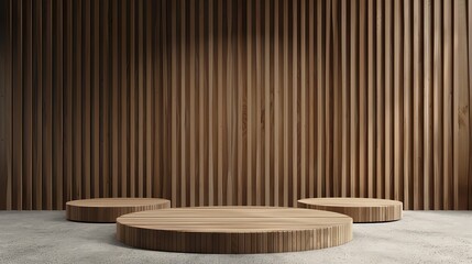 Fototapete - 3D rendering of a wooden podium with a wood grain texture in a room with wooden slatted walls and a concrete floor.