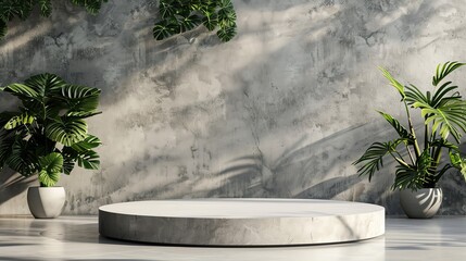 Fototapete - A concrete podium with a large potted plant on the left and a potted palm on the right.