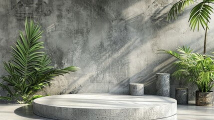 Poster - A concrete podium with a large potted plant on the left and two cylinders on the right.