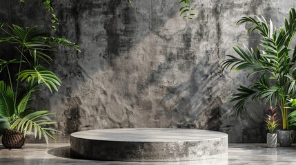 Poster - A concrete podium sits in front of a dark concrete wall. The podium is surrounded by lush green plants. The concrete has a rough texture.