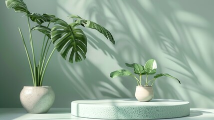 Poster - The image is a 3D rendering of a green podium with a monstera plant on the left and a small potted plant on the right.