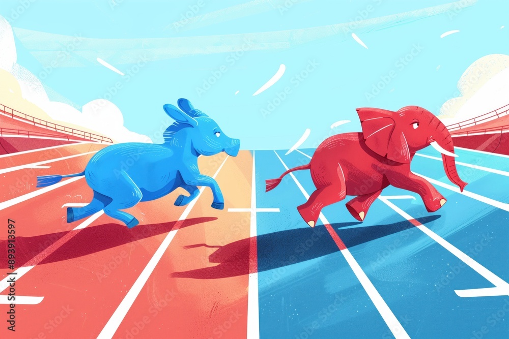 Elphant Racing A Rabbit Political cartoon illustration of blue donkey, red elephant racing on ...