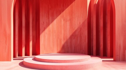 Poster - this is a 3d rendering of a pink podium in a pink room. the podium is made of two steps and has a cy