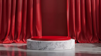 Fototapete - 3D rendering of a red and white podium with a marble base. The podium is set against a red curtain background. The podium is lit by a spotlight.