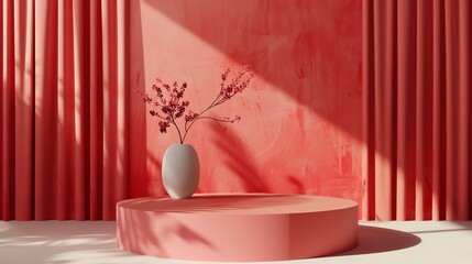 Poster - 3d rendering of a pink podium with a vase of decorative twigs on it. the podium is in front of a pin