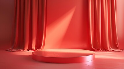 Poster - 3d rendering of a red stage with a spotlight. The stage is surrounded by red curtains.