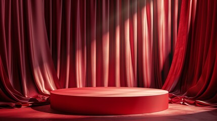 Fototapete - 3D rendering of a red silk curtain with a spotlight on a red stage.