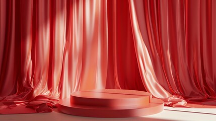 Poster - 3D rendering of a red silk curtain with a podium. The curtain is draped in a way that creates a sense of luxury and elegance.